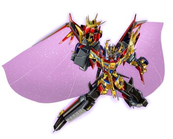 1boy armor energy_cape glowing gridknight_(ssss.gridman) gridman_universe headphones highres kaiser_gridknight looking_at_viewer mecha no_humans orange_eyes robot science_fiction shimashun shoulder_armor shoulder_cannon solo ssss.dynazenon super_robot visor wings