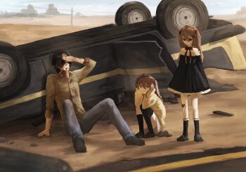 1boy 2girls bandaid bandaid_on_knee bandaid_on_leg black_dress black_hair black_shoes blood blood_on_face blue_eyes blue_pants blue_skirt bow bowtie brown_hair car car_crash cardigan closed_mouth commentary day dgucedunno dress english_commentary evil_neuro-sama from_side full_body green_shirt hair_between_eyes hair_ornament heart heart_hair_ornament highres long_hair miniskirt motor_vehicle multiple_girls neuro-sama outdoors pants personification pleated_skirt power_lines red_bow red_bowtie red_eyes shirt shoes short_dress short_hair sitting skirt smile squatting the_long_drive utility_pole vedal987 vedal_ai virtual_youtuber yellow_cardigan