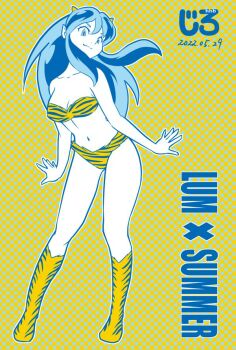 1girl animal_print bikini blue_eyes blue_hair boots commentary_request cone_horns dated full_body green_hair horns jirohhb knee_boots long_hair lum patterned_background pointy_ears print_bikini print_boots sidelocks smile solo standing swimsuit tiger_print urusei_yatsura