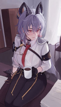 1girl absurdres adriano121920 arm_pouch armband black_armband black_choker black_gloves black_horns black_jacket black_pants breasts chest_harness choker closed_mouth coffee_mug collared_shirt commentary cup curled_horns earrings gloves grey_hair hair_between_eyes harness highres holding holding_cup horns indoors jacket jacket_on_shoulders jewelry key_earrings large_breasts light_blush long_hair looking_at_viewer mug necktie pants red_eyes red_necktie shirt shirt_tucked_in sitting solo white_shirt wuthering_waves zani_(wuthering_waves)