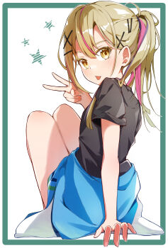 1girl absurdres black_shirt blonde_hair closed_mouth clothes_around_waist comadori09 commentary_request hair_ornament hair_ribbon hairclip high_ponytail highres knees_up laugh_diamond long_hair looking_at_viewer multicolored_hair pink_hair ponytail purple_ribbon ribbon shine_post shirt short_sleeves sitting solo star_(symbol) takamura_hibiki tongue tongue_out v yellow_eyes