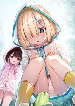 2girls blonde_hair blue_eyes boots commentary_request frog hair_ornament hair_over_one_eye hairclip highres hood hood_up loli multiple_girls nail_polish original panties raincoat red_eyes revision rubber_boots squatting underwear white_panties yan_(nicknikg)