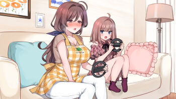 2girls absurdres age_difference ahoge apron bekotarou blue_eyes blush breasts breath brown_eyes brown_hair checkered_apron checkered_clothes cleavage controller couch drawing_(object) dress embarrassed feet female_focus frilled_pillow frills hands_up highres holding holding_controller indoors large_breasts legs long_hair looking_at_another looking_away looking_to_the_side low_ponytail mankai_kaika mature_female medium_hair mother_and_daughter multiple_girls nose_blush open_mouth original parted_lips pillow playing_games ponytail sex_toy sitting socks thighs vibrator vibrator_under_clothes