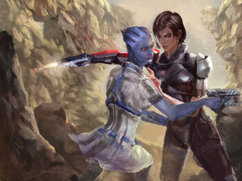 alien commander_shepard commander_shepard_(female) couple firing gun guzzardi holding holding_weapon liara_t&#039;soni mass_effect_(series) n7_armor tumblr weapon
