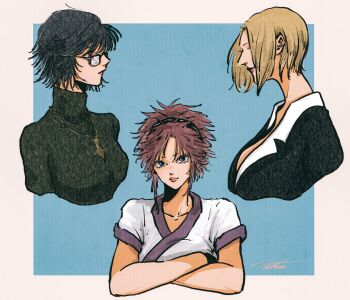 Rule 34 | 3girls, aquiline nose, ark mono, black-framed eyewear, black hair, black sweater, blonde hair, blue background, blue eyes, breasts, brown eyes, cleavage, collarbone, cross, cross necklace, glasses, highres, hunter x hunter, inverted cross, jewelry, large breasts, long hair, long sleeves, looking at viewer, machi komacine, medium breasts, multiple girls, necklace, nose, pakunoda, pink hair, ponytail, profile, shizuku murasaki, short hair, signature, simple background, smile, sweater, turtleneck