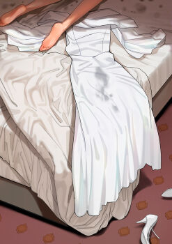 a1_(initial-g) barefoot bed dress feet high_heels highres implied_after_sex indoors long_dress lying on_bed on_stomach original out_of_frame pumps shoes soles stained_clothes stained_sheets unworn_shoes white_dress