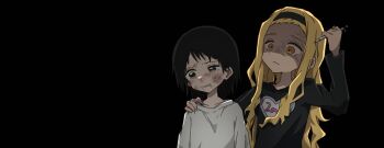 2girls black_background black_eyes black_hair blonde_hair blood blood_in_hair blood_on_face broken_bottle bruise crying daikon_keroi highres injury kirarazaka_marina kuze_shizuka long_hair multiple_girls shirt simple_background t-shirt takopii_no_genzai yellow_eyes