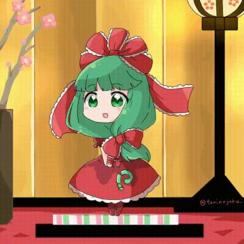 1girl animated animated_gif arm_ribbon bow brown_footwear chibi flower frilled_bow frilled_ribbon frills front_ponytail full_body green_eyes green_hair hair_bow hair_ribbon indoors kagiyama_hina lamp long_hair open_mouth pink_flower pot puffy_short_sleeves puffy_sleeves red_bow red_ribbon red_shirt red_skirt ribbon shirt short_sleeves skirt smile solo spinning standing tanikake_yoku touhou twitter_username v_arms
