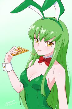 1girl 2025 absurdres animal_ears bow bowtie breasts c.c. cleavage code_geass dated detached_collar eating fake_animal_ears film_grain food green_hair hair_between_eyes highres pizza pizza_slice playboy_bunny rabbit_ears signature solo tsunemoku wrist_cuffs yellow_eyes