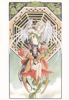 Rule 34 | 1990s (style), 2girls, aa megami-sama, absurdres, angel, angel wings, art nouveau, belt, blonde hair, blue eyes, boots, brown eyes, brown hair, cleavage cutout, clothing cutout, convenient censoring, crossed legs, earrings, facial mark, feathered wings, fingerless gloves, flower, forehead mark, fujishima kousuke, gloves, gorgeous rose, hands in own hair, highres, jewelry, leaf, long hair, midriff, multiple girls, non-web source, official art, peorth (aa megami-sama), plant, ponytail, retro artstyle, rose, scan, self-scan, smile, swimsuit, thorns, vines, wavy hair, wings