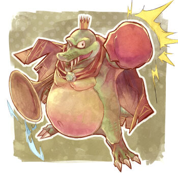 Rule 34 | ^^^, animal, black cape, black eyes, bloodshot eyes, blue gemstone, border, boxing gloves, cape, clothed animal, crocodilian, crown, donkey kong (series), fighting stance, floating cape, gem, gloves, gold crown, green background, highres, holding, holding instrument, holding trumpet, instrument, king k. rool, looking at viewer, nintendo, no humans, open mouth, outline, outside border, pimuppa, polka dot, polka dot background, red gloves, sharp teeth, standing, super smash bros., teeth, torn cape, torn clothes, trumpet, upper teeth only, white border, white outline