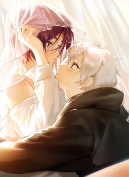 2boys black_hoodie blue_lock blush commentary curtains eye_contact highres hood hoodie looking_at_another mikage_reo multiple_bite_marks multiple_boys nagi_seishirou pang_(pang_bb) purple_hair shirt short_hair simple_background symbol-only_commentary white_hair white_shirt yaoi