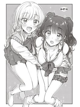 Rule 34 | 2girls, alternate hairstyle, animal print, bare shoulders, between legs, border, bow, bowtie, braid, breasts, cleavage, clothing cutout, collarbone, commentary, commentary request, cosplay, costume switch, earrings, from above, fuufu ijou koibito miman., greyscale, gyaru, hairstyle switch, hand between legs, hashtag, heart, heart earrings, highres, hug, jewelry, kanamaru yuuki, kogal, large breasts, leopard print, long hair, looking at viewer, looking up, loose socks, monochrome, multiple girls, no shoes, open mouth, pleated skirt, sakurazaka shiori, school uniform, shoulder cutout, sitting, skirt, smile, socks, sweater vest, symbol-only commentary, thigh scrunchie, twin braids, twintails, watanabe akari