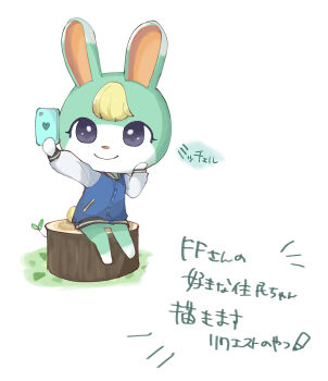 Rule 34 | 1boy, animal crossing, animal ears, blonde hair, blue eyes, blush, closed mouth, floral print, grass, highres, leaf, long hair, nintendo, personification, phone, rabbit, rabbit boy, rabbit ears, sasha (animal crossing), sitting, sweater, translation request, trap, tree stump, user awjy7784