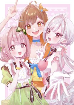 Rule 34 | 3girls, absurdres, arm up, blue choker, blush, bow, breasts, brown eyes, brown hair, character request, choker, cleavage, commentary request, copyright request, dress, gloves, green bow, green dress, grey hair, hair bow, hair ornament, hand up, highres, index finger raised, large breasts, long hair, looking at viewer, medium hair, multiple girls, open mouth, orange dress, parted bangs, pink dress, pink eyes, pink hair, sarachi (sara dayluv), smile, swept bangs, white gloves, x hair ornament