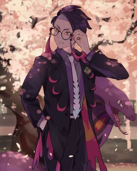 1boy absurdres arbok black-framed_eyewear black_hair black_jacket black_pants cherry_blossoms collared_shirt corbeau_(pokemon) eyewear_strap fangs forked_tongue gen_1_pokemon glasses hand_in_pocket highres hsin jacket long_sleeves male_focus necktie nintendo open_clothes open_jacket open_mouth pants parted_lips pokemon pokemon_(creature) pokemon_legends:_z-a purple_hair purple_shirt sharp_teeth shirt short_hair snake teeth tongue tongue_out tree undercut white_necktie yellow_eyes