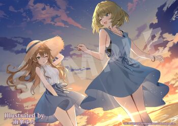 Rule 34 | 2girls, amagasa yun, artist name, blue eyes, brown hair, commentary request, company name, copyright name, copyright notice, dress, floating hair, green eyes, green hair, guest art, hair down, hat, highres, idolmaster, idolmaster cinderella girls, idolmaster million live!, jewelry, long hair, mole, mole under eye, multiple girls, necklace, official art, one eye closed, open mouth, outdoors, sakuramori kaori, sample watermark, second-party source, short hair, standing, straw hat, sun hat, sunset, takagaki kaede, water, watermark, white dress