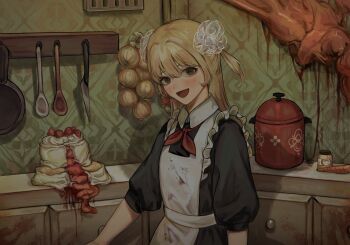 1girl apron black_dress black_eyes blonde_hair blood blood_on_clothes blood_on_wall blush cake collared_dress commentary cowboy_shot dress flesh flesh_blood_&amp;_concrete food frilled_apron frills grate hair_ornament hair_scrunchie highres indoors kitchen kitchen_knife knife layer_cake long_hair looking_at_viewer looking_to_the_side mei_mezu neck_ribbon nika_(flesh_blood_&amp;_concrete) onion open_mouth organs puffy_short_sleeves puffy_sleeves red_ribbon ribbon scrunchie shadow short_sleeves smile solo soviet_school_uniform two_side_up wallpaper_(object) white_apron