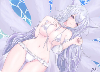 Rule 34 | 1girl, absurdres, animal ears, azur lane, bikini, breasts, commentary request, fox ears, fox girl, fox tail, grey hair, heart, heart-shaped pupils, highres, kitsune, kyuubi, large breasts, large tail, long hair, looking at viewer, lying, multiple tails, navel, official alternate costume, on back, purple eyes, shinano (azur lane), shinano (dreamy white sands) (azur lane), signature, solo, swimsuit, symbol-shaped pupils, tail, thukipk, untied bikini top, very long hair, water, white bikini, white tail