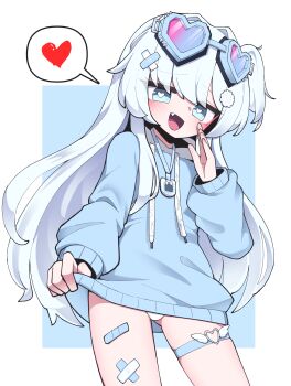 1girl absurdres bandaid bandaid_on_leg blue_background blue_sweater border commission cowboy_shot eyewear_on_head fang heart heart-shaped_eyewear heart-shaped_pupils heart_o-ring hh highres loli long_hair long_sleeves looking_at_viewer no_pants o-ring o-ring_thigh_strap one_side_up open_mouth original outside_border panties panty_peek solo spoken_heart sweater symbol-shaped_pupils thigh_strap underwear white_border white_hair white_panties