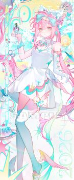 1girl absurdres ahoge asymmetrical_gloves blue_bow bottle bow bow_choker cherry choker closed_mouth compact_(cosmetics) cosmetics dress elbow_gloves eyelashes feet_out_of_frame food fruit gem gloves gradient_thighhighs hair_between_eyes hair_bow hair_ornament heart highres image_sample lipstick long_hair looking_at_viewer makeup mihuashi_sample mismatched_gloves multicolored_eyes original pearl_(gemstone) pearl_hair_ornament perfume_bottle pink_gloves pink_hair plate pudding rouge_(makeup) sample_watermark screentones single_elbow_glove solo star_(symbol) teapot thighhighs two-tone_eyes very_long_hair watermark white_bow white_choker white_dress yeswanta