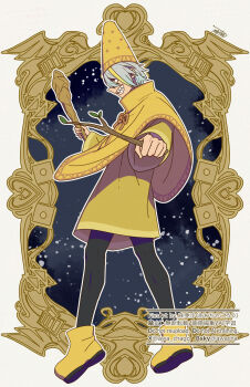 Rule 34 | 1boy, ankle boots, black background, black pantyhose, blonde hair, boots, border, brown border, club (weapon), commentary request, dress, full body, grey hair, grin, hands up, hat, highres, holding, holding club, holding stick, holding weapon, indie virtual youtuber, inset border, long bangs, long sleeves, maasa, male focus, multicolored hair, ornate border, outline, outside border, pantyhose, sharp teeth, short dress, short hair, signature, smile, solo, stick, streaked hair, teeth, two-tone hair, utai meika, virtual youtuber, watermark, weapon, white outline, wizard hat, yapyap, yellow boots, yellow cloak, yellow dress, yellow eyes, yellow hat