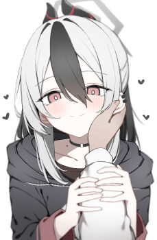 1boy 1girl black_choker black_hair black_hoodie black_horns blue_archive blush bright_pupils choker collarbone commentary demon_horns earclip grabbing_another's_arm grey_halo hair_between_eyes halo hand_on_another's_cheek hand_on_another's_face heart highres hood hoodie horns kayoko_(blue_archive) long_hair looking_at_viewer loving_aura mole mole_on_collarbone multicolored_hair pov pov_hands red_eyes shirt simple_background smile two-tone_hair white_background white_hair white_pupils white_shirt yuukun_mk-ii