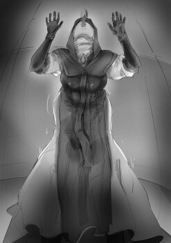 absurdres belt bent_over black_boots black_gloves bonemanjake boots dress from_below gameplay_mechanics gloves highres invisible_wall licking long_tongue monochrome nun saliva shaking thighs tongue tongue_out undertaker_(elden_ring) white_dress