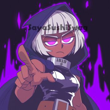 Rule 34 | belt, blunt bangs, breasts, cloak, collar, dark-skinned female, dark skin, frown, highres, hood, hooded cloak, latex, latex top, looking at viewer, metal collar, original, pointing, pointing at viewer, purple eyes, sayasushiswag, short hair, sleeveless, small breasts, v-shaped eyebrows, white hair