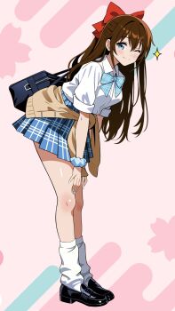 1girl absurdres bag blue_bow blue_bowtie blue_eyes blue_nails blue_skirt blush bow bowtie brown_hair cardigan cardigan_around_waist closed_mouth clothes_around_waist collared_shirt commentary_request full_body gyaru hair_between_eyes hair_bow highres loafers long_hair looking_at_viewer loose_socks love_live! love_live!_nijigasaki_high_school_idol_club nail_polish one_eye_closed osaka_shizuku plaid_bow plaid_bowtie plaid_clothes plaid_skirt pleated_skirt red_bow school_bag school_uniform scrunchie shirt shirt_tucked_in shoes sidelocks skirt smile socks solo white_shirt white_socks wrist_scrunchie zaofeng