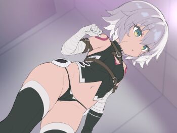 1girl bandaged_arm bandages bare_shoulders black_gloves black_panties black_sports_bra black_thighhighs breasts cameltoe facial_scar fate/grand_order fate_(series) fingerless_gloves gloves green_eyes hair_between_eyes jack_the_ripper_(fate/apocrypha) loli navel panties scar scar_across_eye scar_on_cheek scar_on_face short_hair shoulder_tattoo single_glove small_breasts solo sports_bra tattoo thighhighs thighs touchuu_kasou underwear white_hair