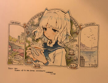 Rule 34 | 1girl, blue eyes, blue neckerchief, blue sailor collar, blush, building, closed mouth, commentary, cup, dated, english commentary, eudetenis, highres, holding, holding cup, long sleeves, neckerchief, original, photo (medium), sailor collar, shirt, signature, solo, teacup, traditional media, translation request, upper body, water, white hair, white shirt