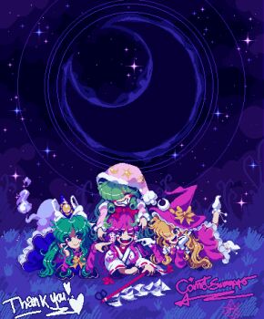 4girls artist_name asakura_rikako blonde_hair bow capelet comet_summoner98 commission crescent_moon dress frills ghost_tail gohei green_eyes green_hair hair_bow hakama hakurei_reimu hakurei_reimu_(pc-98) hat hat_bow highres japanese_clothes kazami_yuuka kazami_yuuka_(pc-98) kimono kirisame_marisa kirisame_marisa_(pc-98) long_hair long_sleeves lying medium_hair miko mima_(touhou) moon multiple_girls nightcap open_mouth pajamas pink_pajamas pixel_art pixiv_commission purple_hair purple_hat ribbon skirt sleeping smile touhou touhou_(pc-98) wide_sleeves witch_hat wizard_hat yellow_eyes