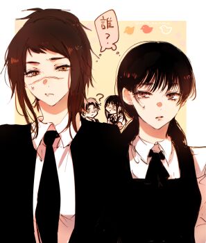 Rule 34 | 1boy, 3girls, ?, border, brown eyes, brown hair, chainsaw man, chibi, collared shirt, facial scar, formal clothes, fourth east high school uniform, highres, jacket, kurose yuutarou, looking at another, low twintails, mitaka asa, multiple girls, parted lips, raised eyebrow, ringed eyes, scar, scar on cheek, scar on face, scar on nose, school uniform, shirt, suit, suit jacket, sweatdrop, tendou michiko, twintails, twitter username, white border, white shirt, yellow background, yellow eyes, yoru (chainsaw man), yukichi (imoko41)