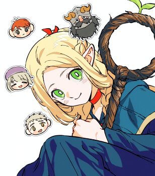 2girls 3boys absurdres ako_(eanaaati1) beard blonde_hair blue_capelet blue_robe blush bright_pupils capelet chibi chibi_inset chilchuck_tims chinese_commentary choker closed_mouth commentary_request dungeon_meshi elf facial_hair fake_horns falin_touden falin_touden_(tallman) green_eyes hair_ribbon helmet highres holding holding_staff horned_helmet horns laios_touden long_beard long_hair long_sleeves looking_at_viewer marcille_donato multiple_boys multiple_girls orange_hair parted_lips pointy_ears red_ribbon ribbon ribbon_choker robe senshi_(dungeon_meshi) simple_background sitting smile staff white_background white_pupils