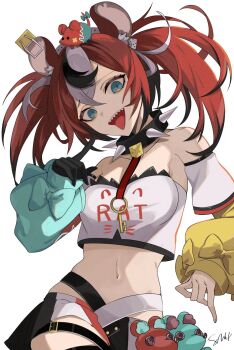 1girl 8nu4 :p animal animal_ear_fluff animal_ears animal_on_head asymmetrical_sleeves bare_shoulders belt black_belt black_gloves black_hair black_skirt blue_eyes breasts cheese collar crop_top detached_sleeves dice_hair_ornament food furrowed_brow gloves hair_between_eyes hair_ornament hakos_baelz hakos_baelz_(1st_costume) head_tilt highres hololive hololive_english jewelry key key_necklace long_hair looking_at_viewer medium_breasts midriff miniskirt mismatched_sleeves mouse_(animal) mouse_ears mouse_girl mouse_on_head mousetrap mr._squeaks_(hakos_baelz) multicolored_hair multicolored_skirt navel necklace on_head open_mouth pleated_skirt pointing pointing_at_self red_hair red_skirt sharp_teeth shirt signature simple_background skirt solo spiked_collar spikes streaked_hair teeth thigh_belt thigh_strap tongue tongue_out twintails virtual_youtuber white_background white_hair white_shirt white_skirt
