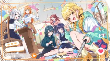 6+girls absurdres balloon black_skirt blonde_hair blue_eyes blue_ribbon blue_skirt blue_vest blush braid chair classroom collared_shirt commentary_request fang fujita_kotone gakuen_idolmaster green_eyes green_hair green_shirt grey_hair hair_ribbon half_up_braid hanami_saki hanami_ume hataya_misuzu hatsuboshi_gakuen_school_uniform highres holding holding_paint_palette holding_paintbrush idolmaster indoors jacket katsuragi_lilja kuramoto_china long_hair long_sleeves looking_at_viewer multicolored_jacket multiple_girls neck_ribbon on_chair open_mouth paint_palette paintbrush paper_chain pisuke_wan purple_eyes purple_hair red_hair ribbon ribbon_braid school_uniform selfie_stick shinosawa_hiro shirt shiun_sumika short_hair sitting skin_fang skirt smile socks squatting string_of_flags tsukimura_temari twin_braids v vest white_shirt yellow_eyes