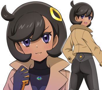1girl :3 :d aged_up ass black_bodysuit black_gloves black_hair blush bodysuit bodysuit_under_clothes brown_jacket clenched_hand closed_mouth commentary cowboy_shot cowlick dark-skinned_female dark_skin emma_(pokemon) from_behind gloves hair_between_eyes hair_ornament hand_on_own_hip hand_up highres jacket latex latex_bodysuit long_sleeves looking_at_viewer mega_stone multiple_views nintendo open_mouth orange_gloves pokemon pokemon_legends:_z-a portrait purple_eyes short_hair sidelocks simple_background smile standing swept_bangs teeth two-tone_gloves upper_teeth_only wasabi-joyu white_background