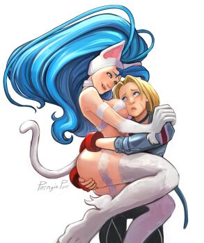 2girls animal_ears animal_hands ass blonde_hair blue_hair breasts cammy_white cat_ears cat_tail closed_eyes cropped_jacket crossover darkstalkers face_to_breasts felicia_(darkstalkers) fingerless_gloves gloves grabbing_another's_ass groping hug large_breasts lifting_person lips long_hair long_sleeves multiple_girls purrnyia short_hair street_fighter street_fighter_6 tail teeth union_jack very_long_hair white_background white_fur yuri