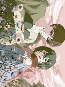 1boy 1girl black_hair blue_flower blue_sky blush brown_hair cardigan eren_yeager field flower flower_field green_eyes grey_eyes grey_shirt hair_between_eyes highres hugging_own_legs long_skirt mikasa_ackerman open_mouth parted_lips pink_cardigan pink_sky pointing red_scarf scarf shingeki_no_kyojin shirt short_hair sitting skirt sky smile tatakaehhhh white_flower yellow_flower