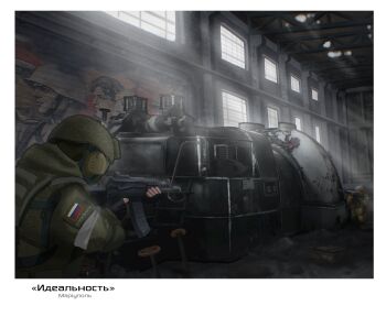 Rule 34 | absurdres, armband, assault rifle, blue armband, camouflage, camouflage helmet, camouflage jacket, camouflage pants, gun, headphones, helmet, highres, holding, holding gun, holding weapon, imminent death, imminent fight, indoors, jacket, military, original, pants, rifle, ruins, russian flag, russian ground forces, russo-ukrainian war, sun20021109, ukrainian flag, ukrainian ground forces, war, weapon, weapon request, white armband