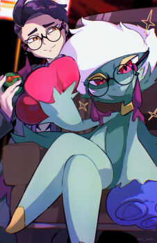 1boy absurdres black_hair chair chromatic_aberration closed_mouth commentary_request corbeau_(pokemon) dusk_ball gen_4_pokemon glasses highres holding holding_poke_ball male_focus my_(my_6633) nintendo poke_ball pokemon pokemon_(creature) pokemon_legends:_z-a roserade round_eyewear short_hair sitting smile sparkle yellow_eyes