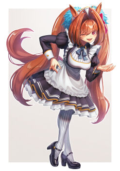 Rule 34 | 1girl, animal ears, apron, black dress, blue bow, blue bowtie, blush, bow, bowtie, breasts, brown hair, commentary request, creape, daiwa scarlet (umamusume), dress, full body, hair between eyes, hair intakes, highres, horse ears, horse girl, horse tail, juliet sleeves, large breasts, long hair, long sleeves, looking at viewer, maid, maid apron, maid headdress, one eye closed, open mouth, pantyhose, puffy sleeves, red eyes, ribbed pantyhose, shoes, smile, solo, tail, twintails, umamusume, very long hair, white apron, white pantyhose