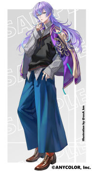 Rule 34 | 1boy, aqua eyes, black sweater vest, blue hair, blue pants, bolo tie, border, brown shoes, collared shirt, commentary request, copyright notice, full body, gem, grey background, grey shirt, hair between eyes, hand in pocket, hand on own chin, hoshirube sho, jacket, jacket on shoulders, jewelry, koujisako, long hair, long sleeves, looking at viewer, male focus, multicolored hair, nijisanji, octopus print, official art, outside border, oxfords, pants, parted lips, pinstripe pattern, pinstripe shirt, purple gemstone, purple hair, purple jacket, red socks, ring, sample watermark, shirt, shoes, sideways glance, simple background, sleeves past wrists, socks, solo, standing, streaked hair, sukajan, sweater vest, twitter username, untucked shirt, virtual youtuber, watermark, white border, zipper