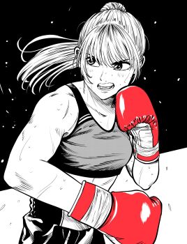 Rule 34 | 1girl, boxing, boxing gloves, boxing shorts, breasts, commentary request, eyebrows hidden by hair, flying sweatdrops, gloves, greyscale, hatching (texture), high ponytail, highres, lee (dragon garou), midriff, monochrome, mouth guard, original, ponytail, red gloves, serious, shorts, small breasts, solo, sports bra, spot color, sweat, toned, toned female, v-shaped eyebrows, very sweaty