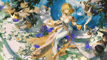 1girl absurdres aglaea_(honkai:_star_rail) apple aqua_eyes asona blonde_hair blue_flower breasts chinese_commentary closed_mouth commentary_request crossed_ankles dress flower food fountain fruit garmentmaker_(honkai:_star_rail) gold_sandals golden_apple grapes greco-roman_clothes high_heel_sandals highres honkai:_star_rail honkai_(series) large_breasts leaf looking_at_viewer memosprite sandals short_hair solo tray white_dress white_flower