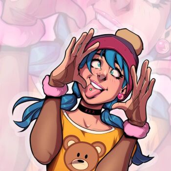 1girl animal_print arms_up beanie bear_print black_choker blue_eyes blue_hair bracelet cherrymousestreet choker cross-eyed fanny_price_(cherrymousestreet) fur_bracelet hat jewelry long_hair original piercing print_shirt shirt solo tongue tongue_out tongue_piercing upper_body yellow_shirt zoom_layer