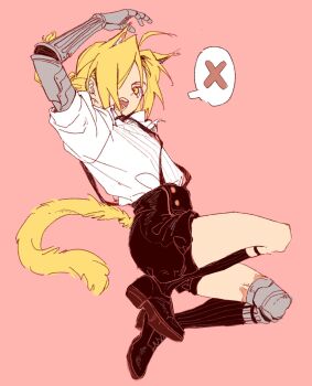 1boy animal_ears arm_up blonde_hair braid cat_boy cat_ears cat_tail commentary_request edward_elric fullmetal_alchemist highres kemonomimi_mode kneehighs loafers male_focus mechanical_arms mechanical_legs open_mouth pink_background shirt shoes short_shorts shorts simple_background single_braid single_mechanical_arm single_mechanical_leg socks solo speech_bubble suspenders tail white_shirt yeknnnnn