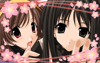 blush brown_hair cherry_blossoms hairband highres imasaka_yue long_hair looking_at_viewer memories_off memories_off_1 memories_off_2nd minami_tsubame non-web_source official_art open_mouth school_uniform short_hair yellow_hairband