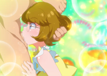 1boy 1girl blue_eyes brown_hair censored clothed_female_nude_male deepthroat fellatio glasses hand_on_another's_head hands_on_another's_head hetero ichinose_minori irrumatio jcm2 mosaic_censoring nude oral penis precure short_hair solo_focus tropical-rouge!_precure upper_body